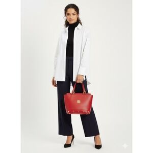 MCM‎ Vtg Red Leather Tote Bag Gold MCM Logo Studs Top Handles Small Statement